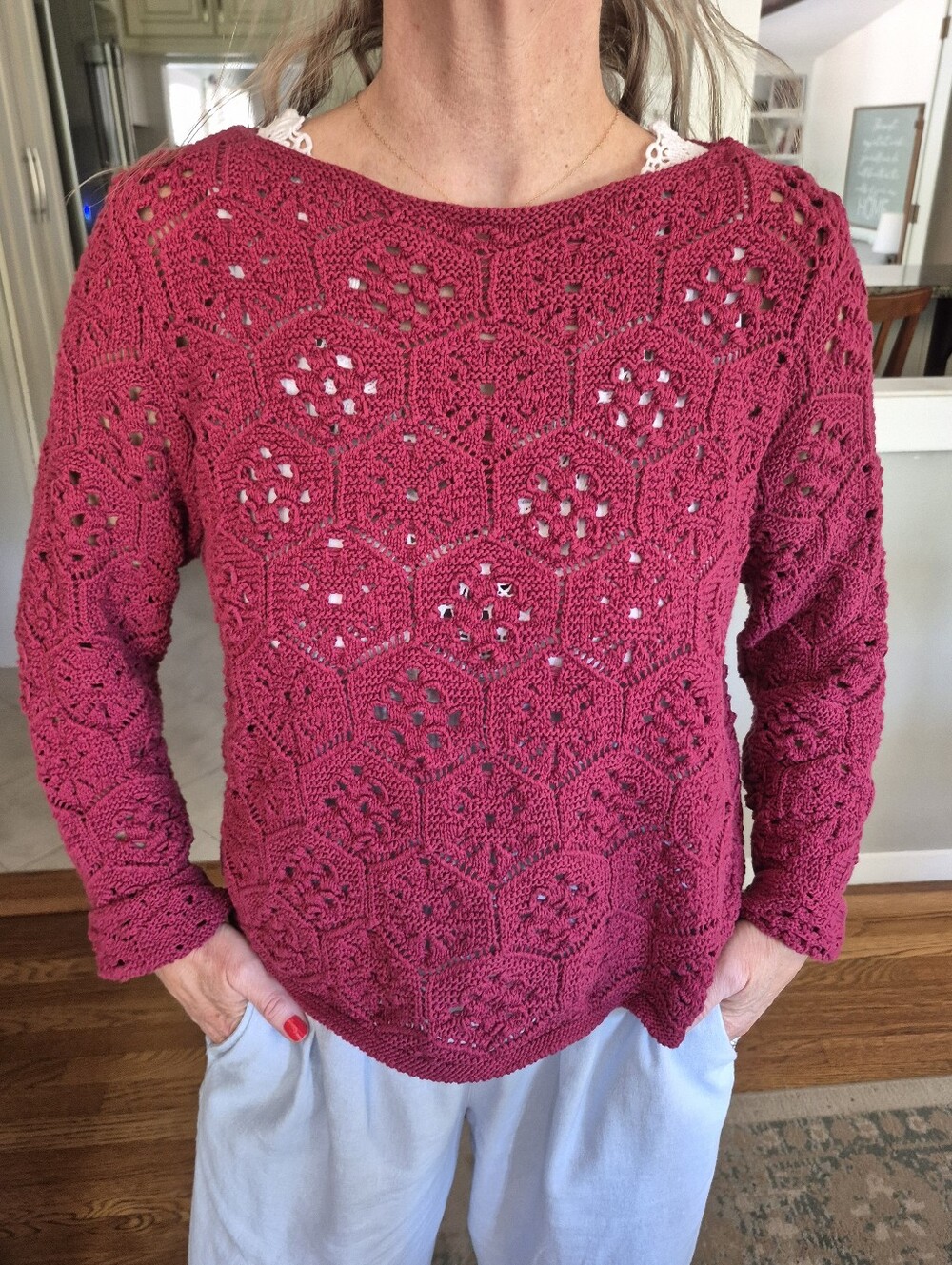 LOFT Cranberry Red Faux Granny Square Size M